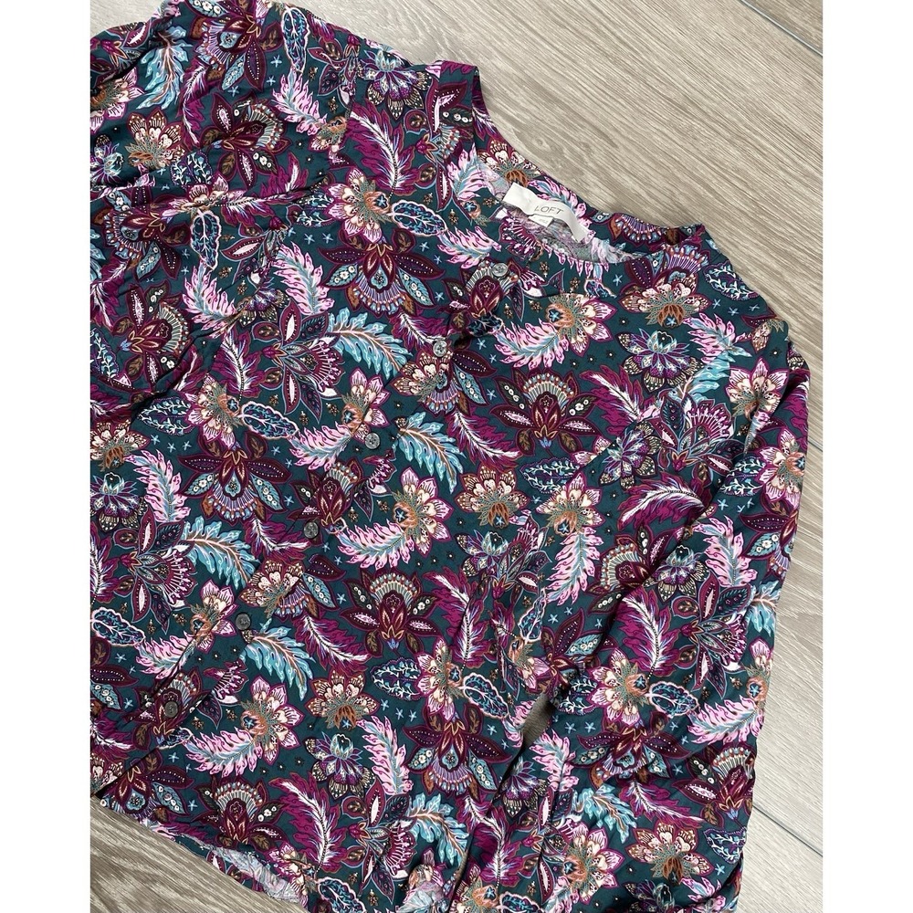 Loft Women's Long Sleeve Paisley Floral Pattern Button Front Blouse Green Small